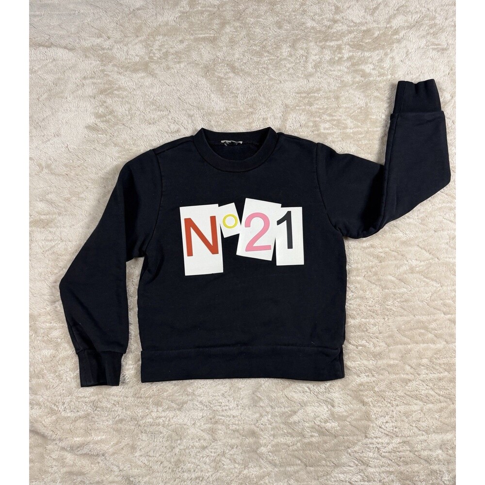 N°21 Kids Black Logo Sweatshirt Size 8 Designer 100% Cotton Crewneck